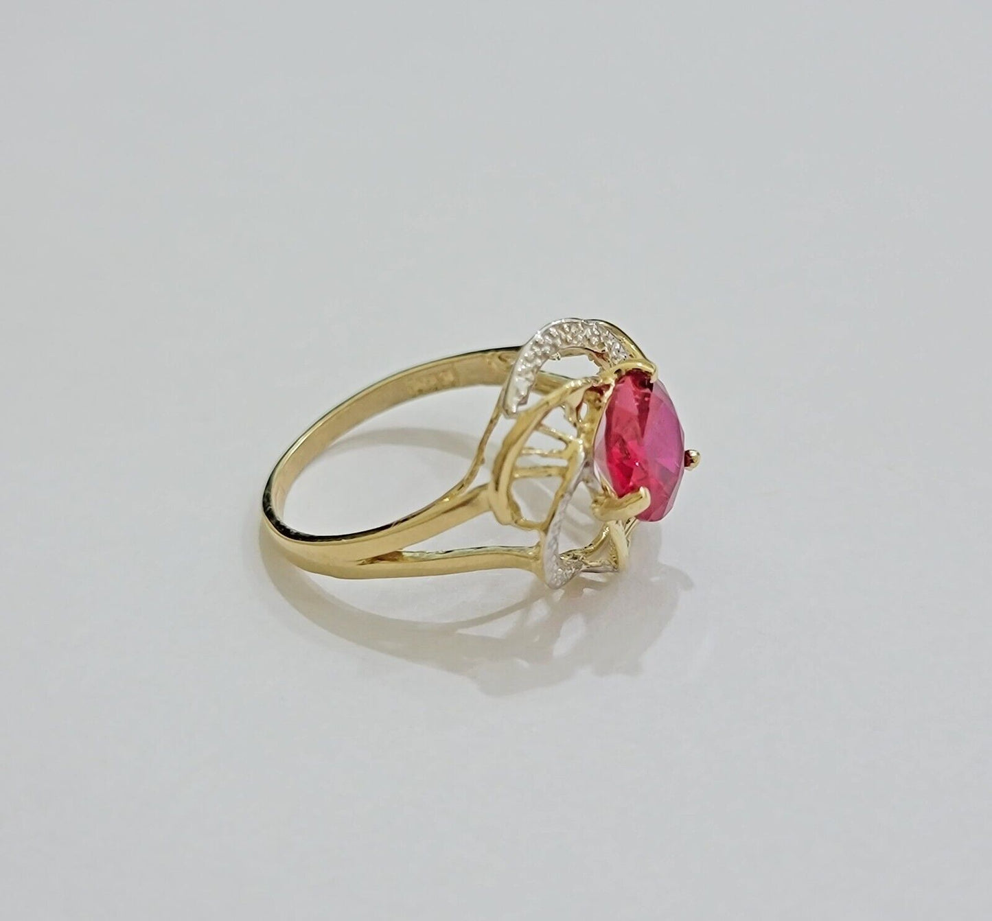 10k Yellow Gold Women Ring Pink Red Color Ladies Flower Band REAL 10KT Size 7.5