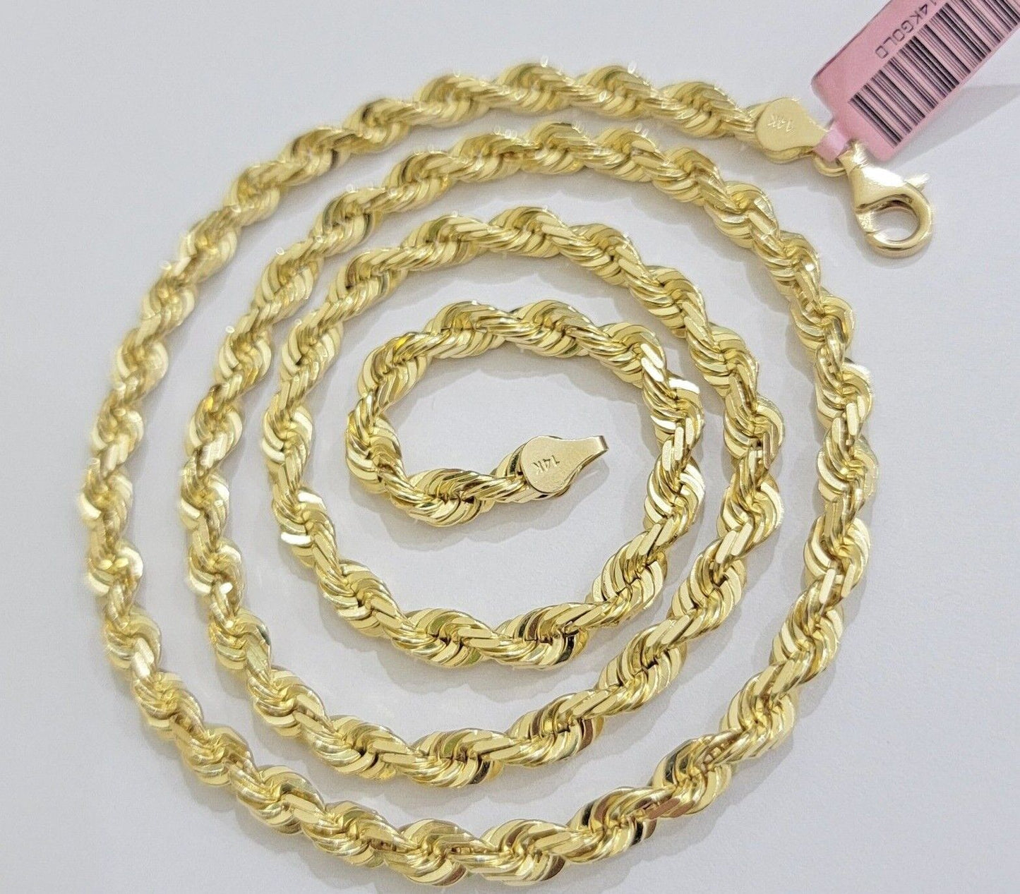 Solid 14k Gold Rope Chain Necklace 26 Inch 6mm Real 14kt Yellow Gold Diamond Cut