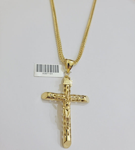 REAL 10k Yellow Gold Cross Pendant Franco Chain Necklace 22 Inch &Jesus Crucifix