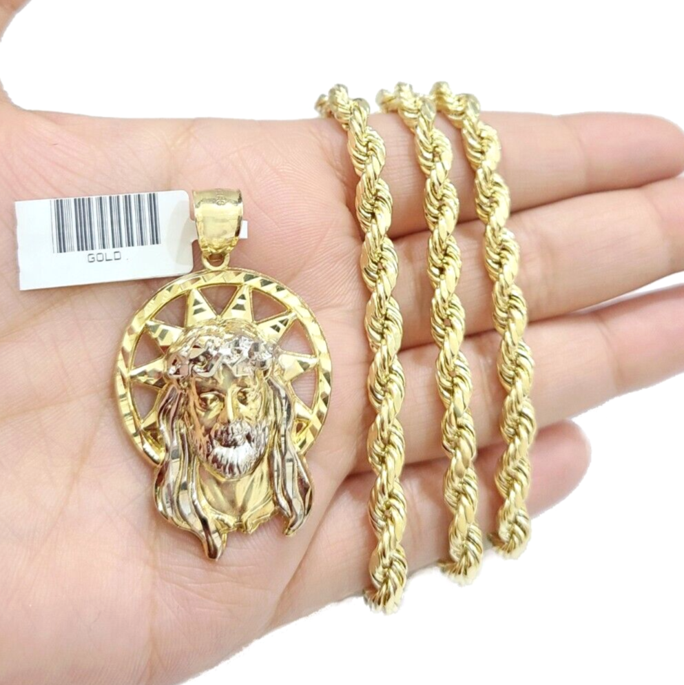 Real 10k Gold Rope Chain Pendant Set 6mm 26" Necklace &Star Jesus Head Charm Men