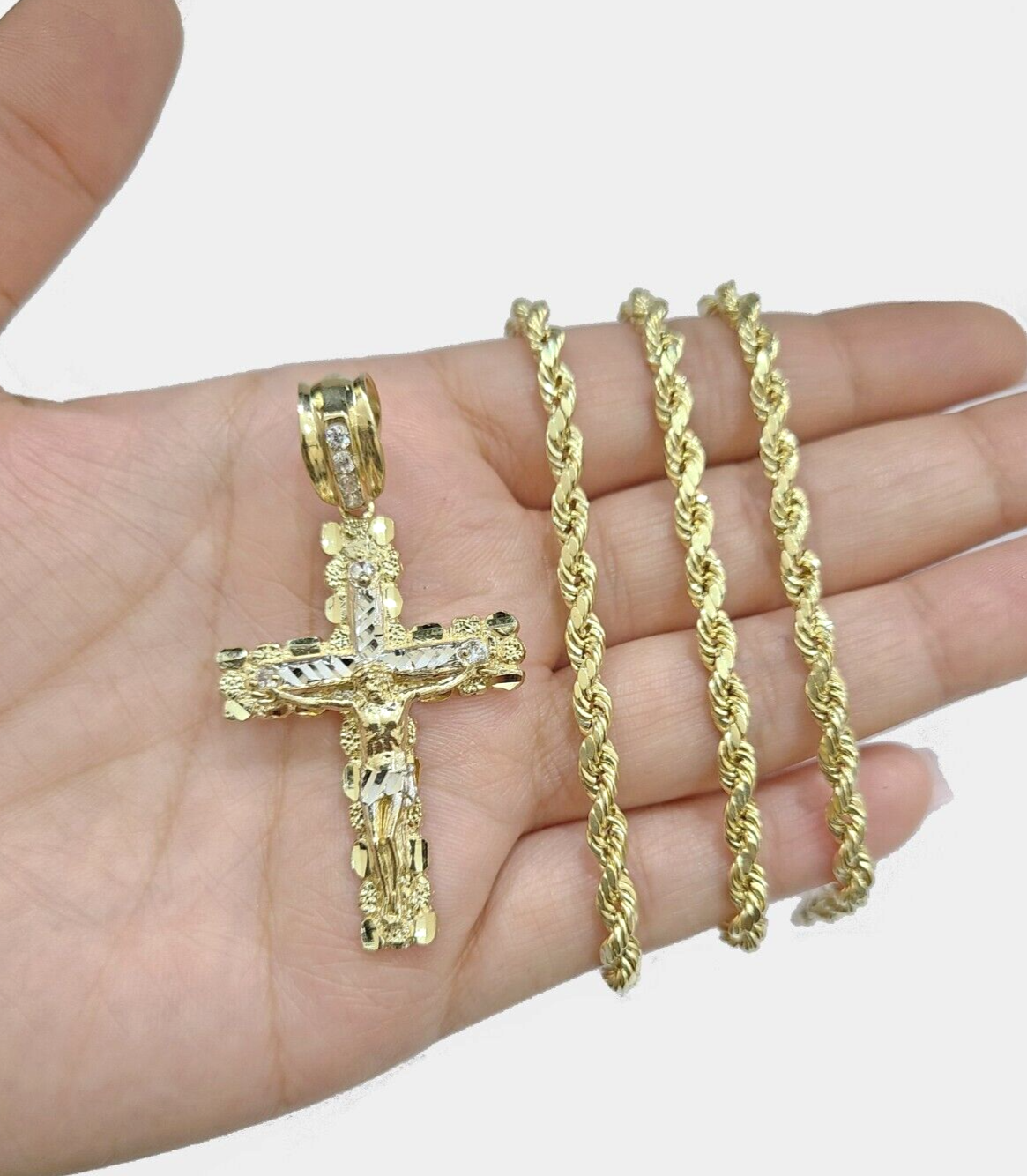 Real 10k Yellow Gold Cross Charm Rope Chain 4mm 18'' Necklace Pendant 10kt Jesus