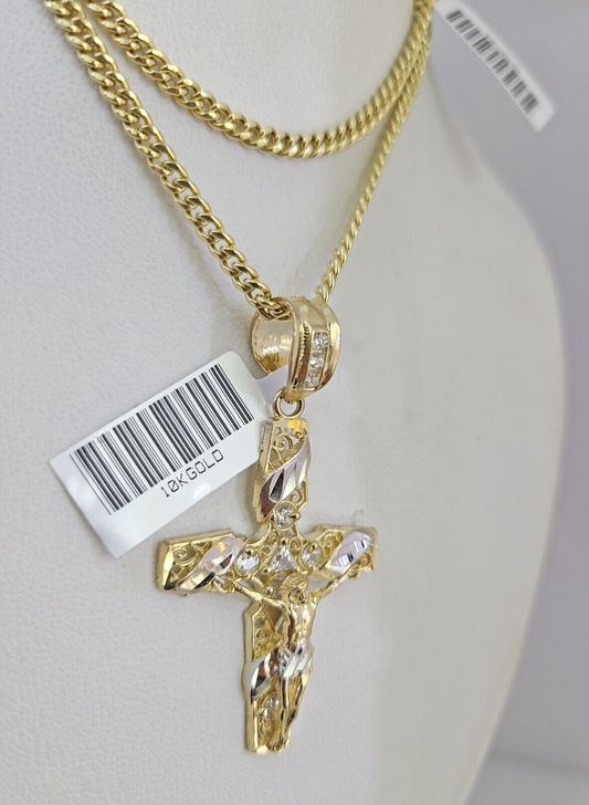 REAL 10k Yellow Gold Cuban Link Chain With Cross Charm Pendant, Necklace 3mm 26"