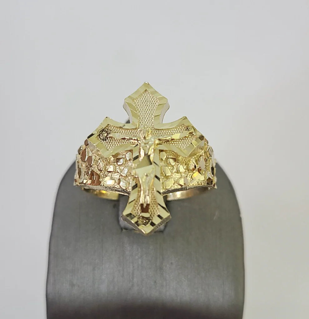 10k Jesus Crucifix Cross Nugget Ring Casual Band Yellow Gold Brand New Religious