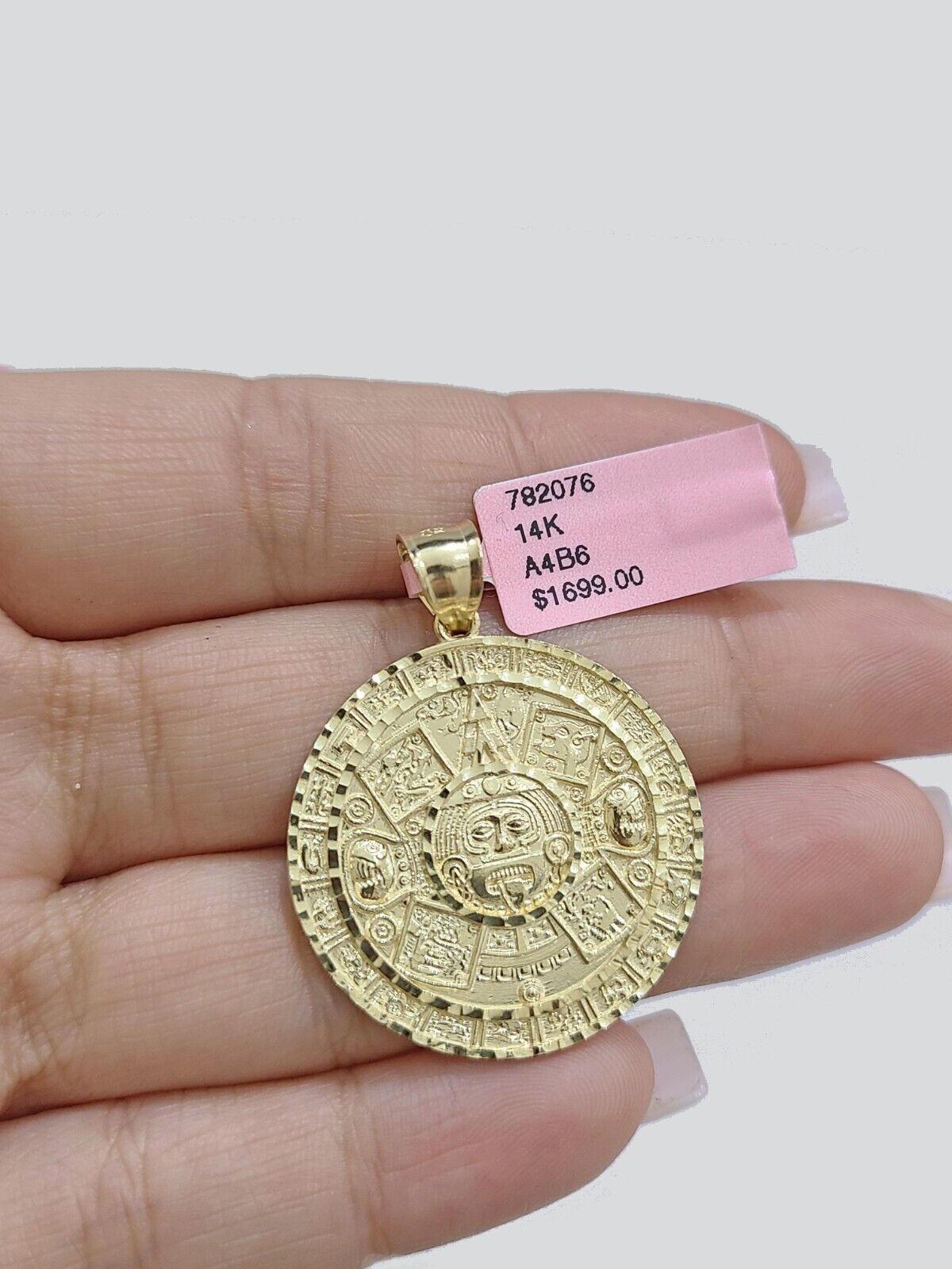 Real 14K Yellow Gold Aztec Calendar Charm Solid Pendant For Chain 14KT Necklace