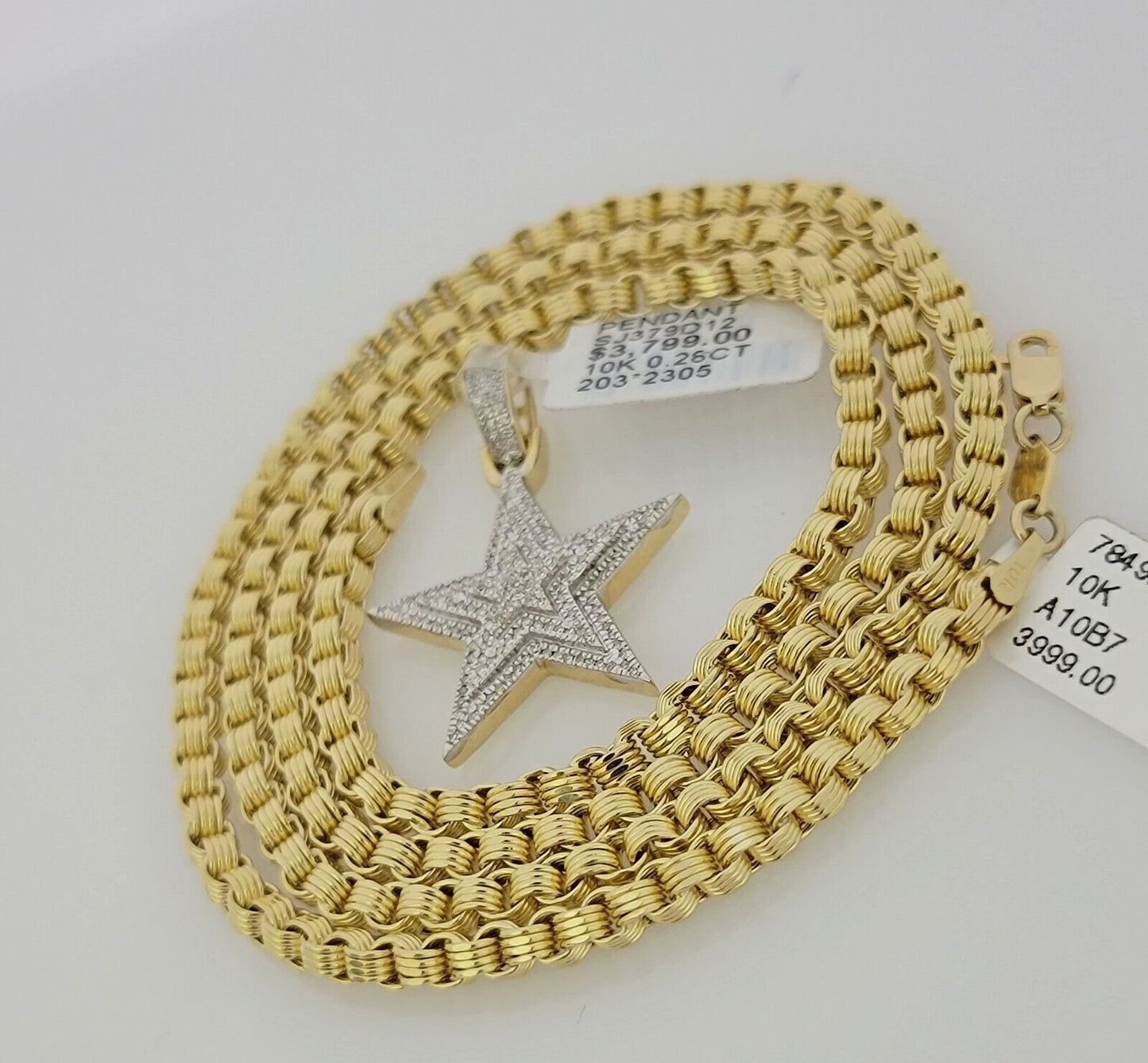 10k Gold Byzantine Chain Necklace Diamond Star charm Pendant SET REAL 10kt Men's