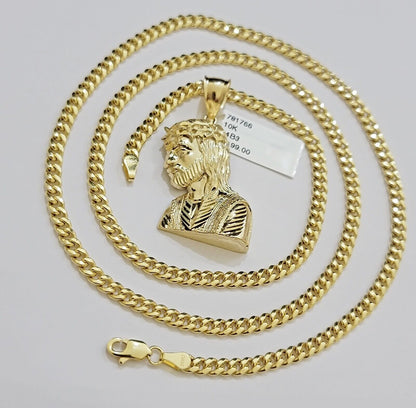 Real 10k Gold Jesus Heard Charm Pendant &Miami Cuban Link Chain 4mm Necklace SET