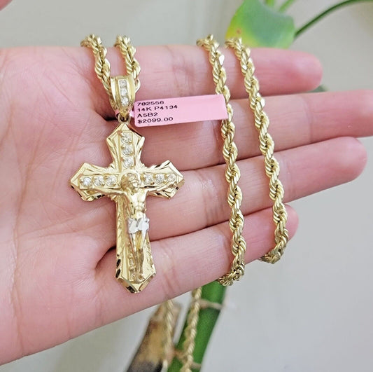 REAL 14k Gold Rope Necklace Cross Charm Pendant SET SOLID 4mm 26 Inch Chain Mens