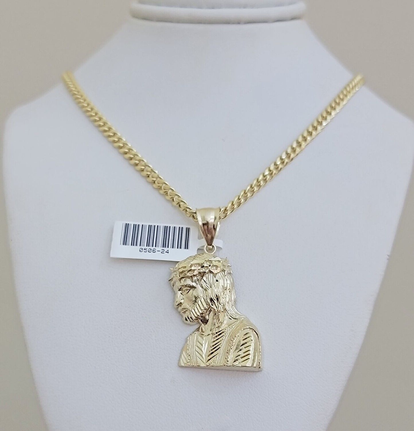 Real 10k Gold Jesus Heard Charm Pendant &Miami Cuban Link Chain 4mm Necklace SET