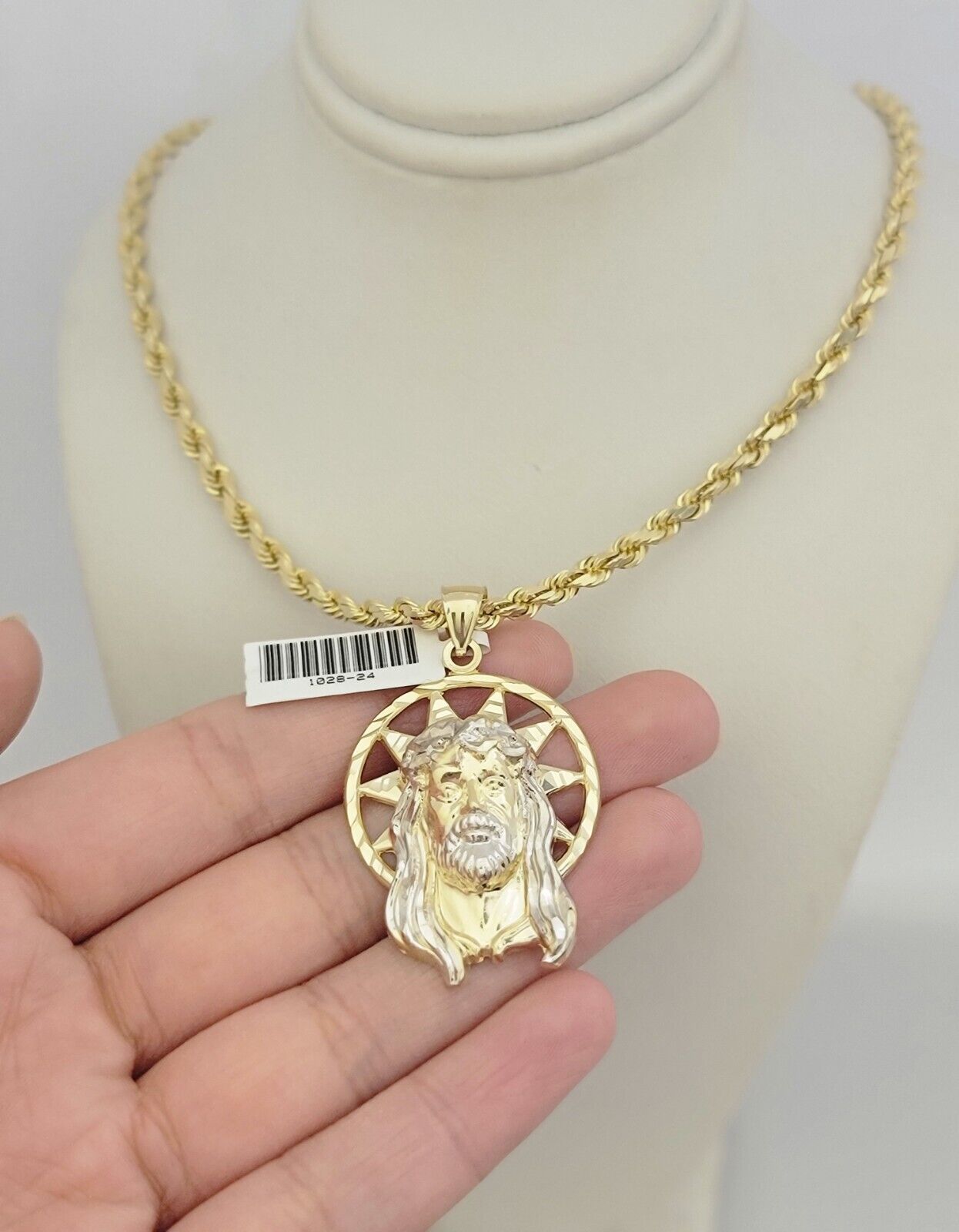 Real 10k Gold Chain Pendant SET Jesus Head Charm Solid Rope Necklace 4mm 24 Inch