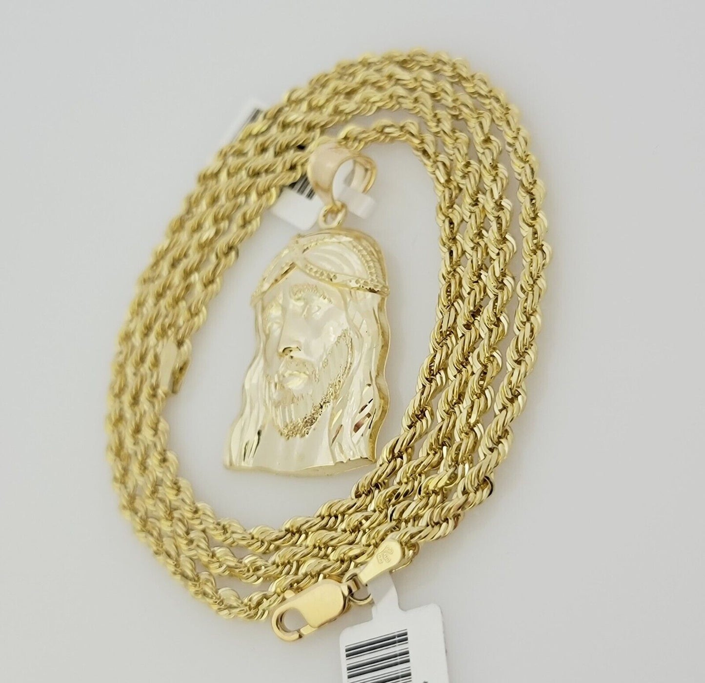 Real 10k Gold Rope Chain Jesus Head Charm Pendant Set 3mm Necklace 18"-26" SOLID