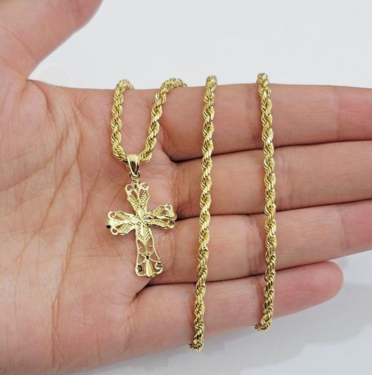 Real 10k Yellow Gold Rope Chain Cross Charm Pendant SET 3mm Necklace 18 -28 Inch