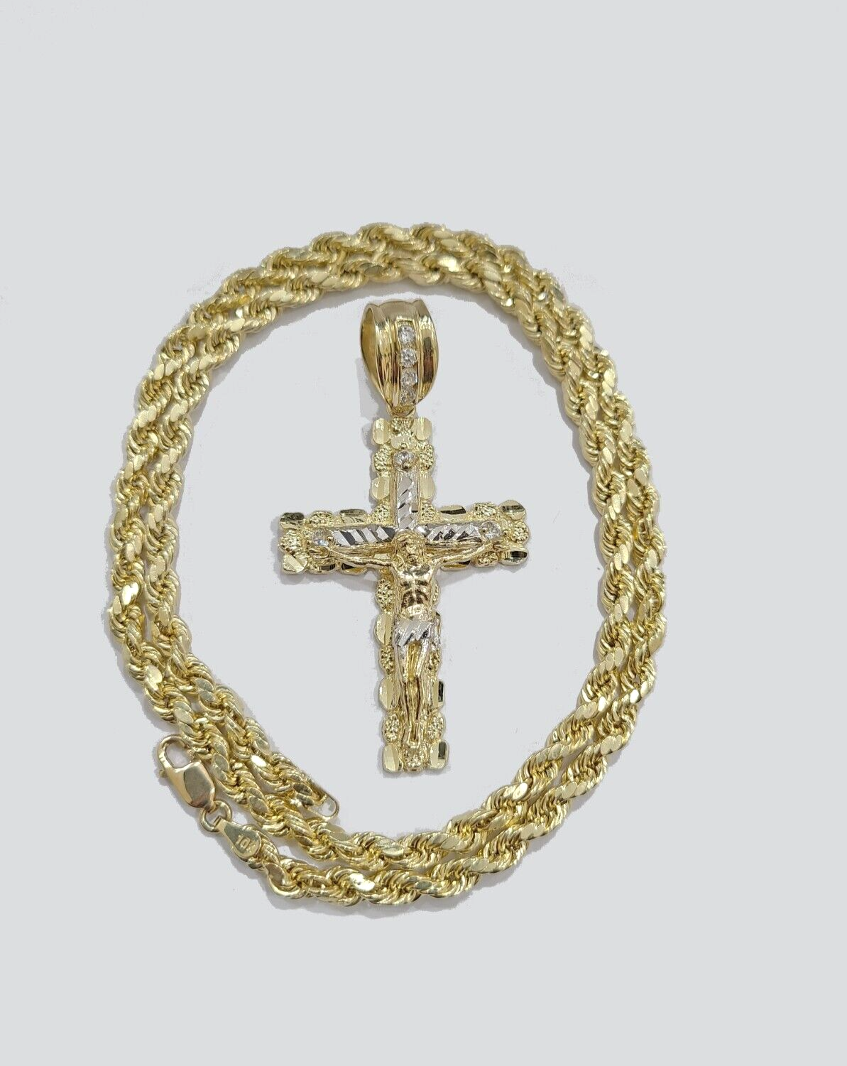 Real 10k Yellow Gold Cross Charm Rope Chain 4mm 18'' Necklace Pendant 10kt Jesus