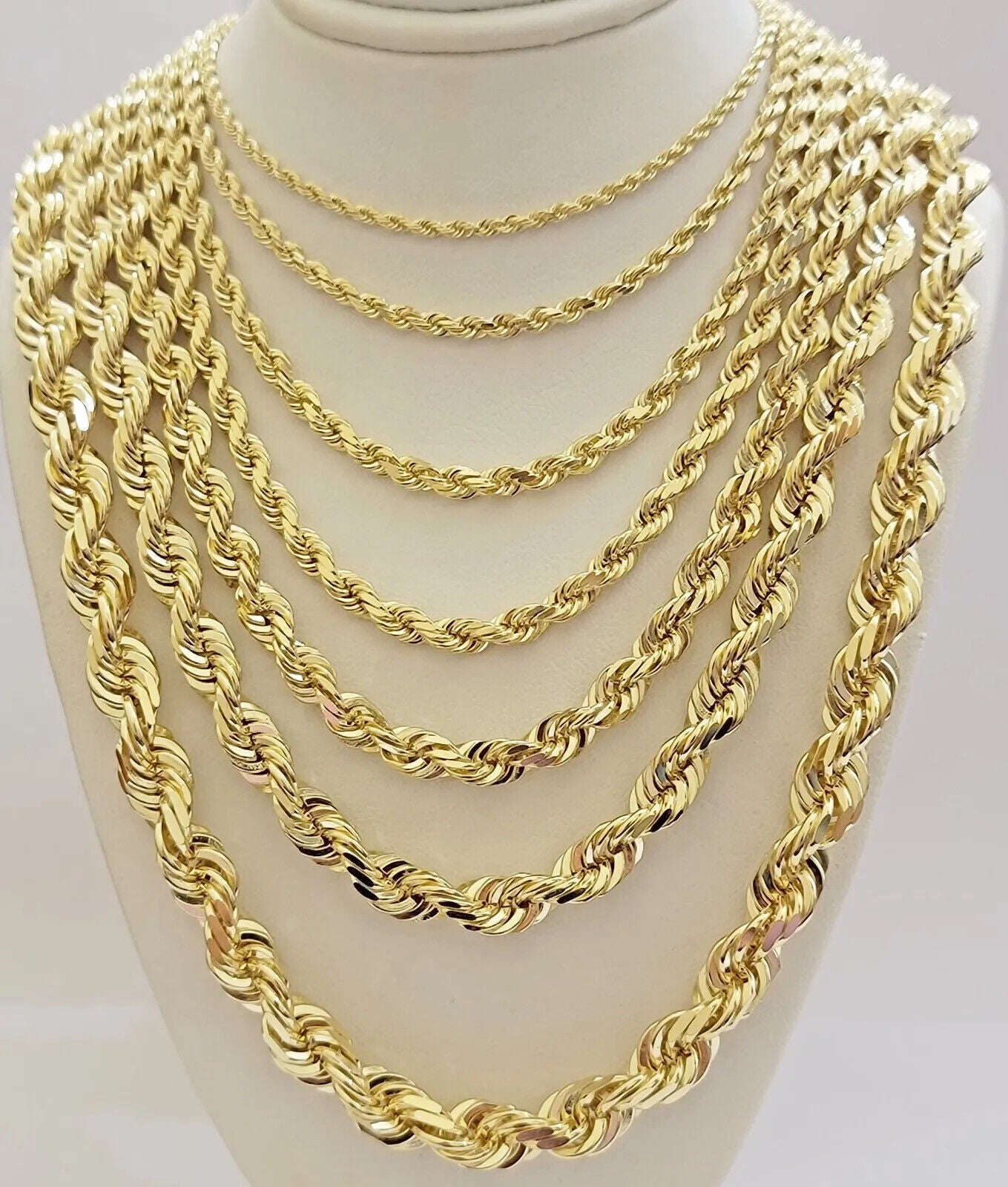 14k Yellow Gold Rope Chain Necklace SOLID 18-30 Inch 3mm-10mm Diamond Cuts, REAL