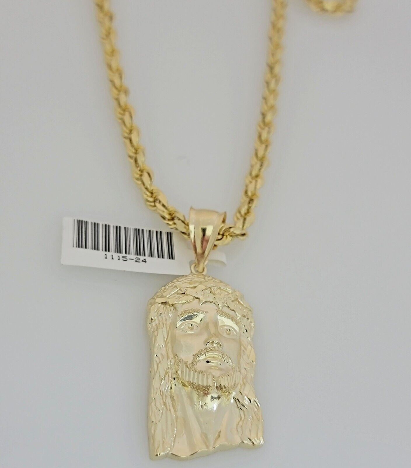 Solid 10k Gold Rope Chain Pendant SET Jesus Face Charm Necklace 4mm 20" Choker