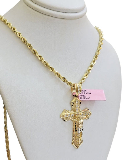 REAL 14k Gold Rope Necklace Cross Charm Pendant SET SOLID 4mm 20-30" Necklace