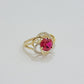 10k Yellow Gold Women Ring Pink Red Color Ladies Flower Band REAL 10KT Size 7.5