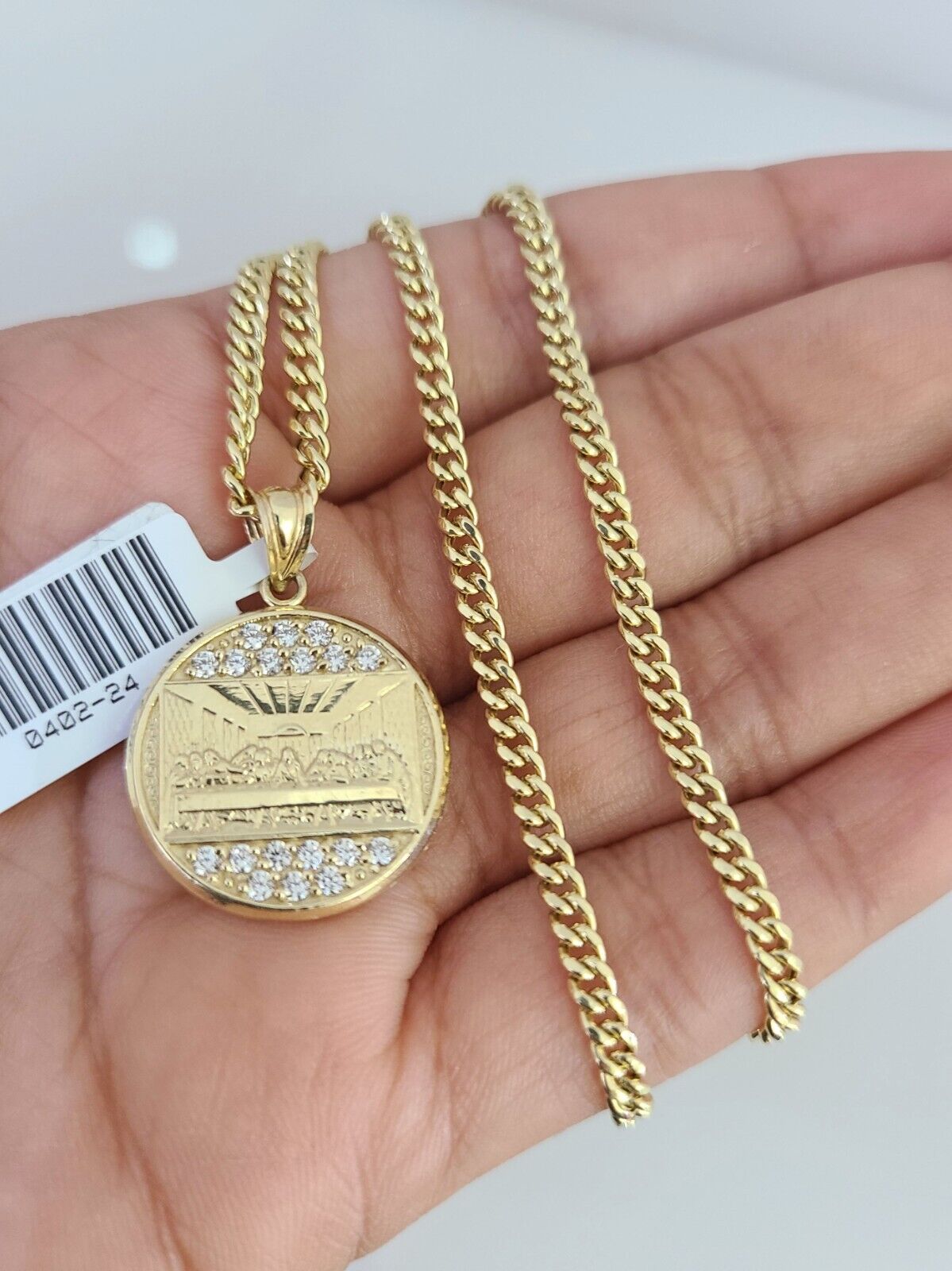 Real 10k Gold Chain Pendant SET Last Supper Charm Miami Cuban Link Necklace 2mm