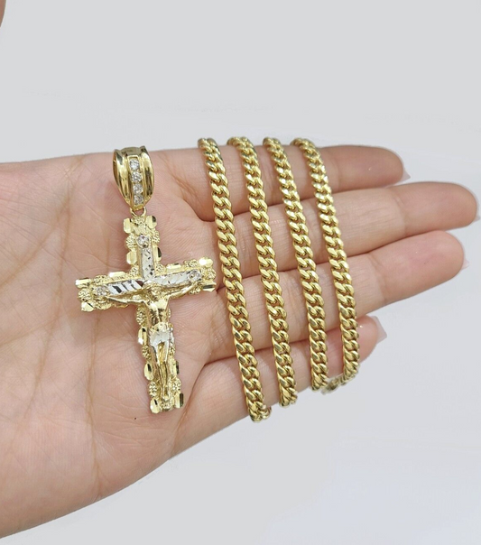 10k Yellow Gold Miami Cuban Chain 5mm 24" inch Necklace Jesus Cross Charm Real
