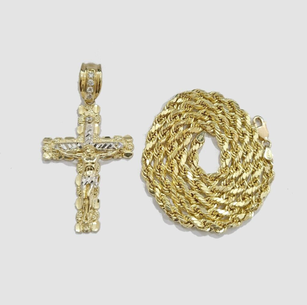 Real 10k Gold Rope Chain Jesus Cross Charm SET 4mm 22'' Necklace & Pendant Men's