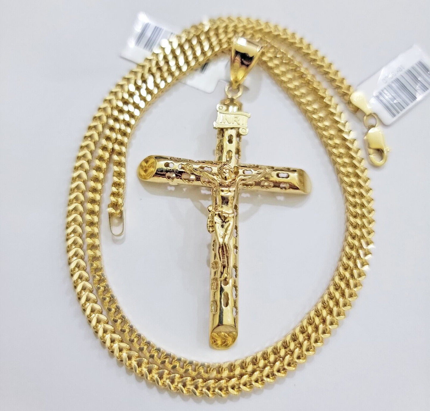 REAL 10k Gold Cross Pendant Franco Chain Necklace 20" - 26 Inch & Jesus Crucifix