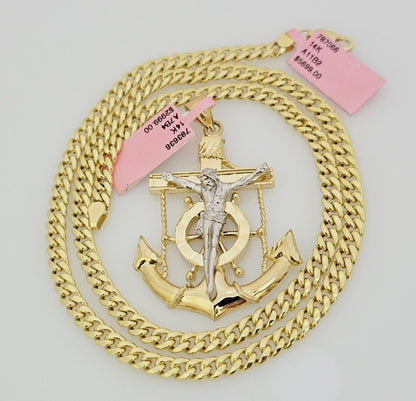 Real 14k Gold Miami Cuban Link Chain Jesus Anchor Charm Pendant SET 5mm Necklace