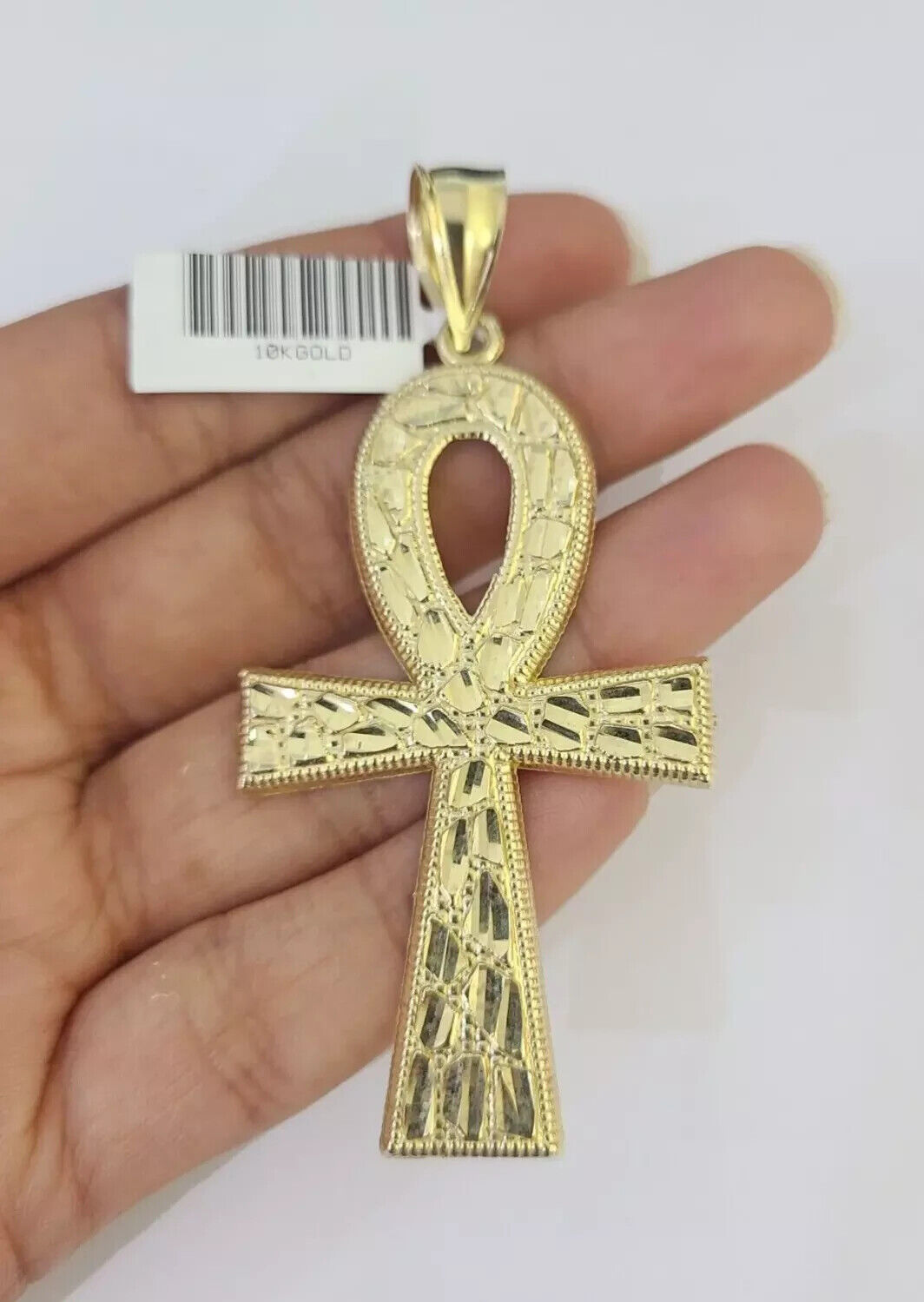 10k Yellow Gold Nugget Ankh Charm Pendant 2.75 Inch For Men's REAL 10KT Gold