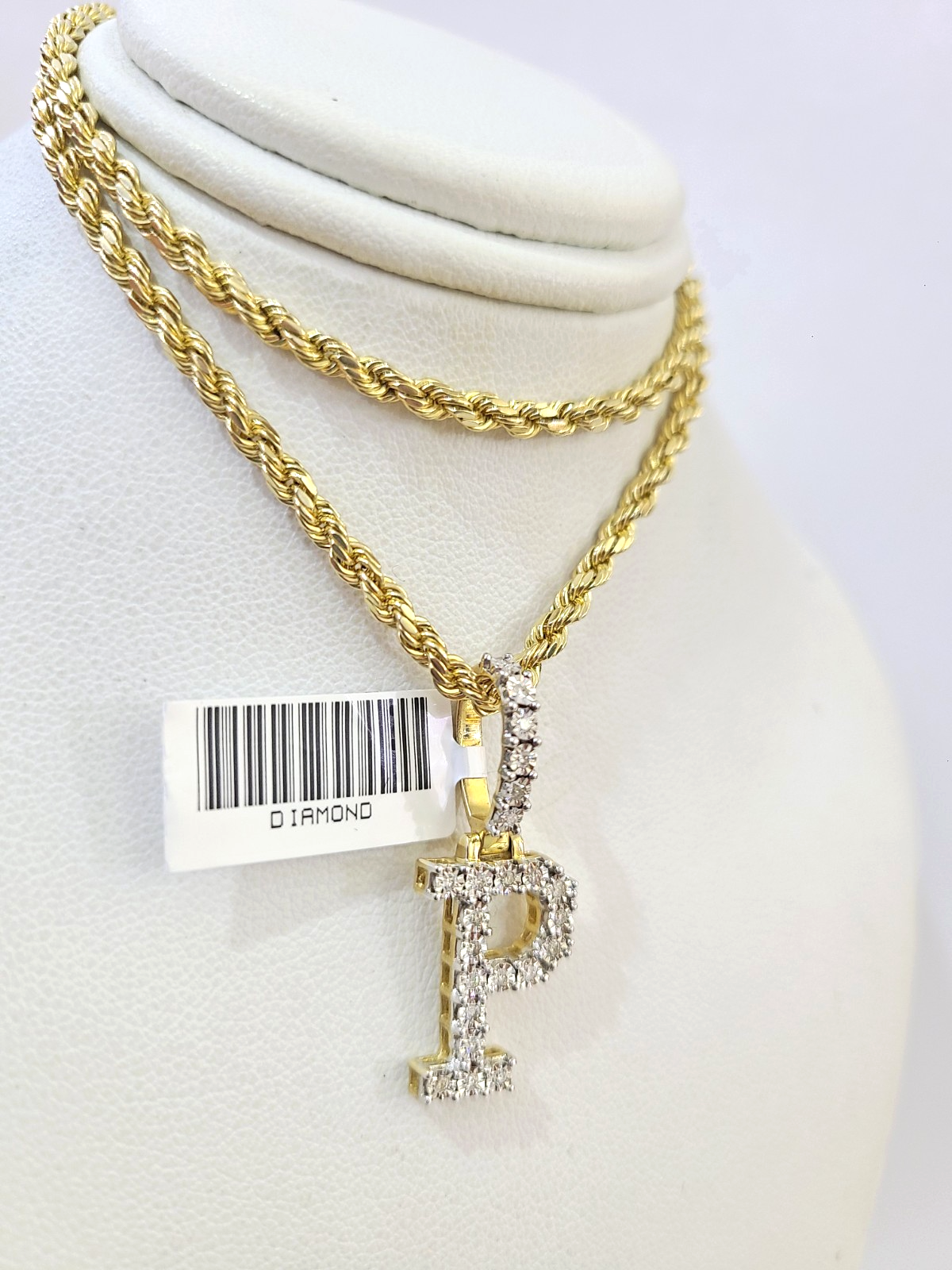 10k Rope Chain P Diamond Initial Charm Necklace Pendant Set 2mm 18"-24" Gold