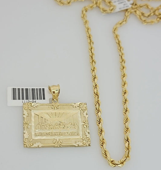 Real 10k Gold Chain Solid Rope Necklace Pendant SET Last supper Charm 4mm 22"