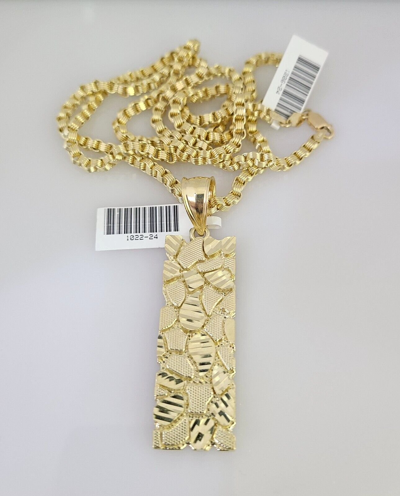 Real 10k Yellow Gold chain & Nugget Charm Pendant SET Necklace 3mm Byzantine 26"