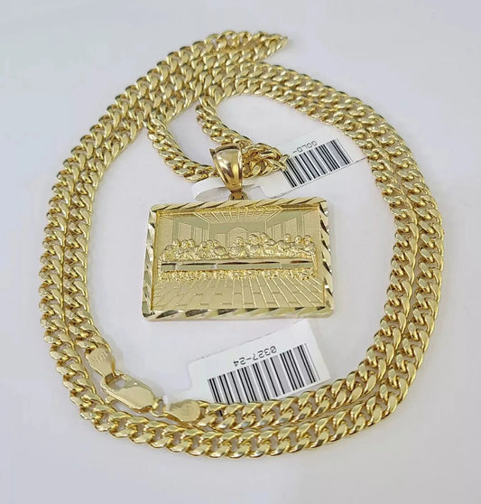 10k Gold Miami Cuban Link Chain Necklace 5mm & Last Supper Charm Pendant 18"-26"