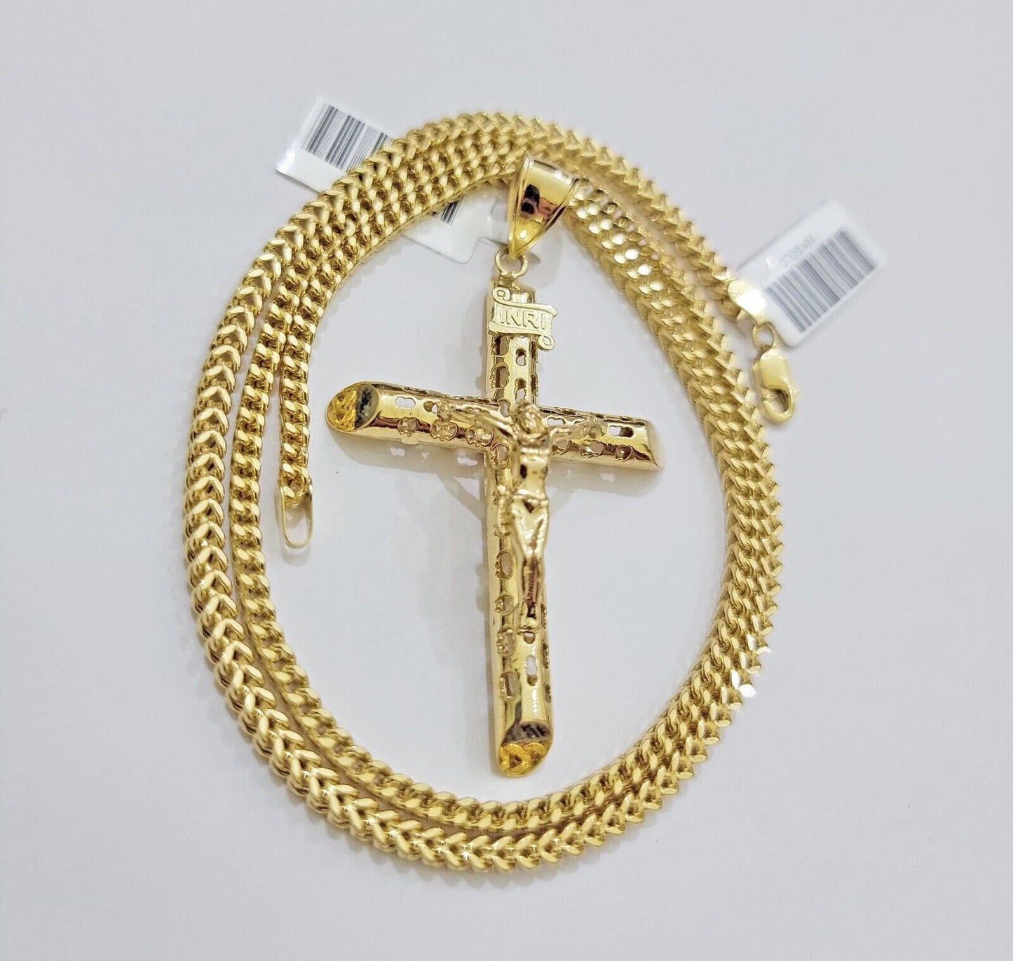 REAL 10k Gold Cross Pendant Franco Chain Necklace 20" - 26 Inch & Jesus Crucifix