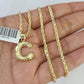10k Gold Initial C Charm Rope Chain 16"-26" 2.5mm SET Necklace Alphabet Pendant