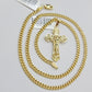 Real 10k Gold Necklace Chain Jesus Cross Charm Pendant SET 3mm Miami Cuban Link