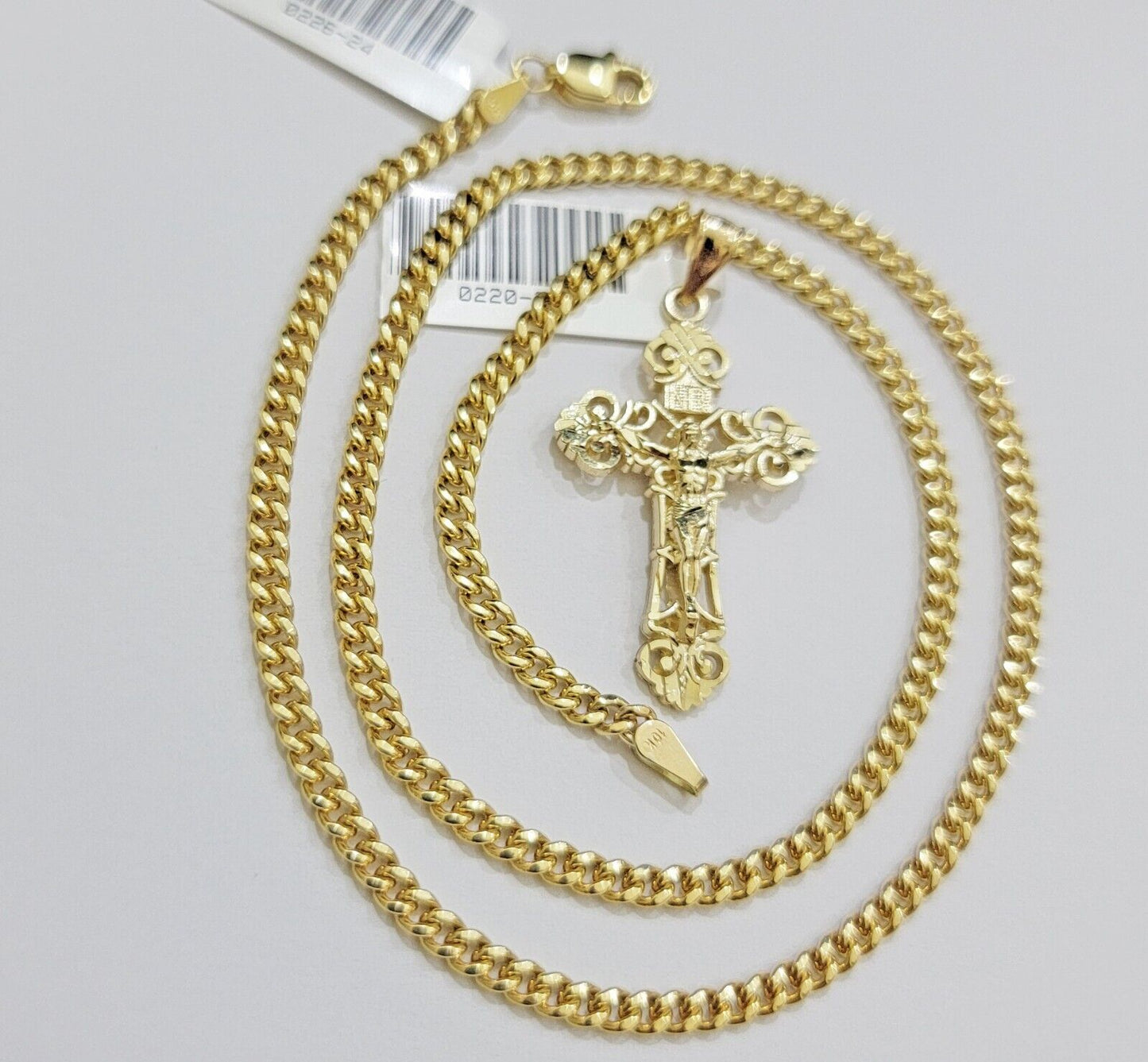 Real 10k Gold Necklace Chain Jesus Cross Charm Pendant SET 3mm Miami Cuban Link