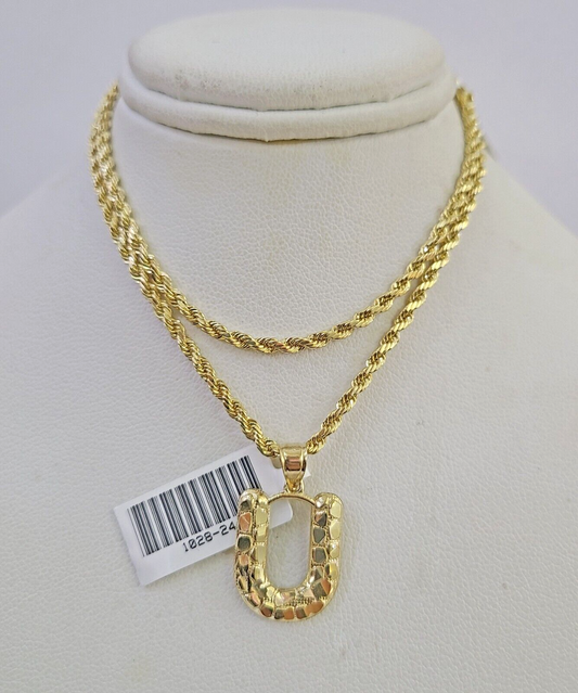 10k Gold Initial U Charm Rope Chain 16"-26" 2.5mm SET Necklace Alphabet Pendant