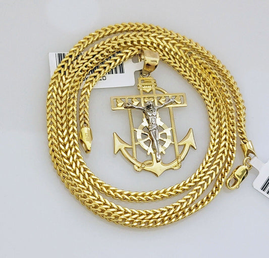 Real 10k Gold Franco Chain Anchor Cross Charm pendant Set 2.5mm Necklace 20 Inch