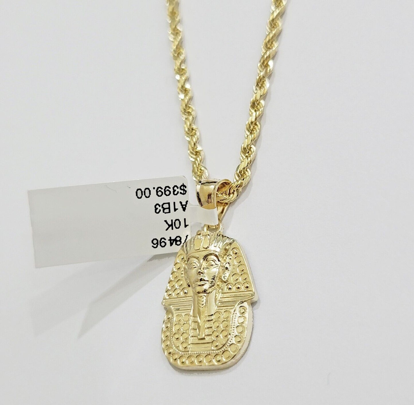 Real 10k Yellow Gold Rope Chain & Pharoah Head Pendant 2.5mm 18-26 inch Necklace