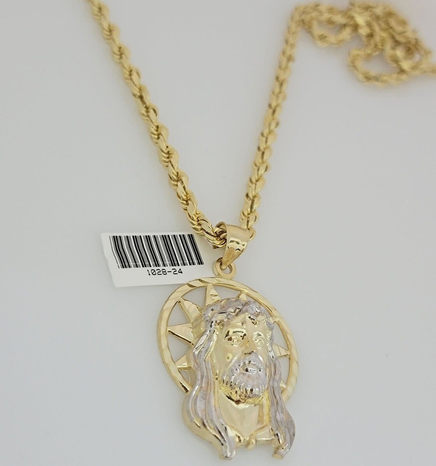 Real 10k Gold Chain Pendant SET Jesus Head Charm Solid Rope Necklace 4mm 24 Inch