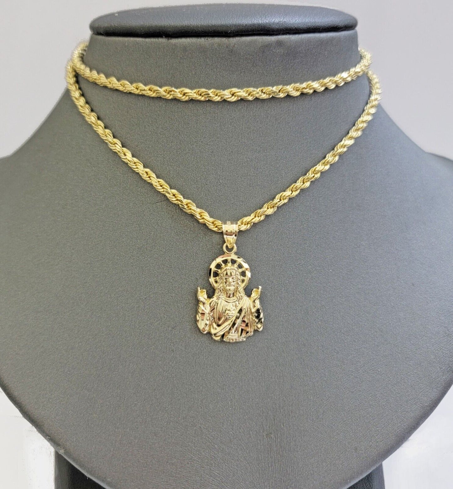 Real 10k Yellow Gold Rope Chain Charm Jesus Head Pendant SET 3mm Necklace