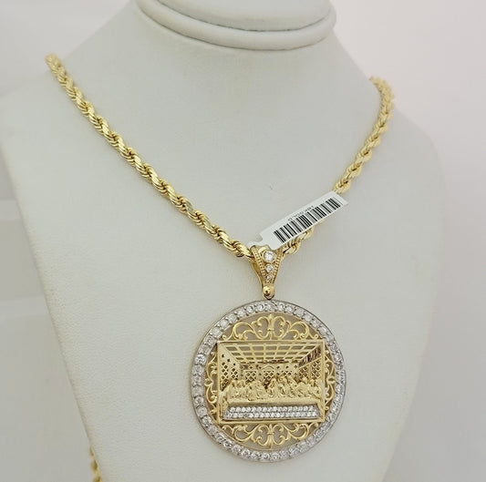Real 10k Gold Rope chain Last supper Charm Pendant SET Solid Necklace 4mm 28Inch