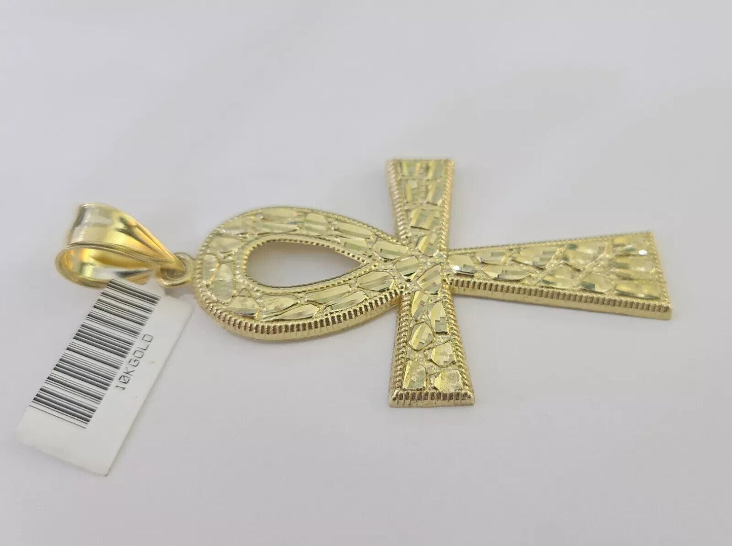 10k Yellow Gold Nugget Ankh Charm Pendant 2.75 Inch For Men's REAL 10KT Gold