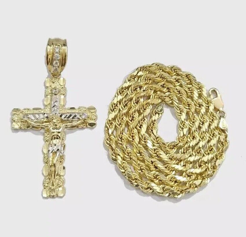 10k Gold Rope Necklace Jesus Cross Charm pendant SET 4mm chain 18"-28" REAL 10KT
