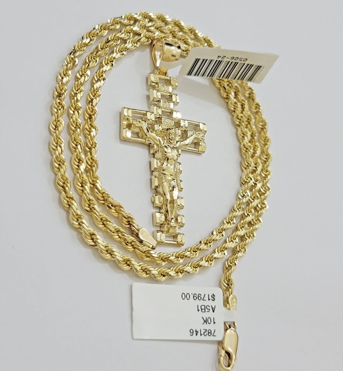 Real 10k Gold Rope Chain Cross SET 3mm 18-30" Inch Necklace Jesus Charm Pendant