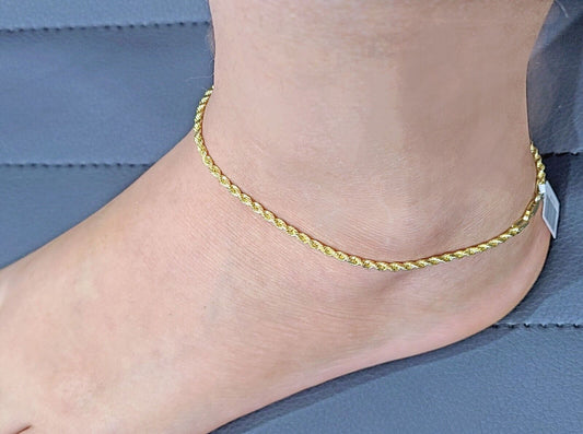 Real 10k Yellow Solid Gold 2mm Rope Anklet 10'' Inch 10kt Unisex