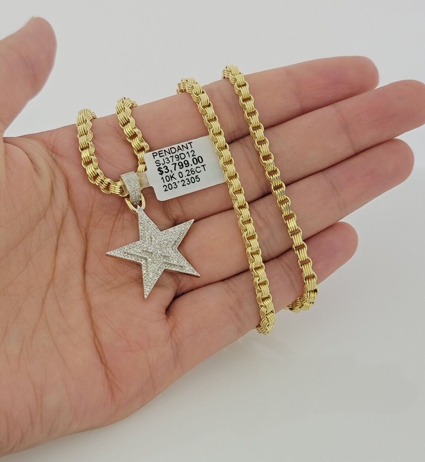 10k Gold Byzantine Chain Necklace Diamond Star charm Pendant SET REAL 10kt Men's