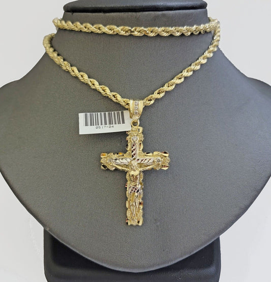 Real 10k Gold Rope Chain Jesus Cross Charm SET 4mm 20'' Necklace & Pendant Men's