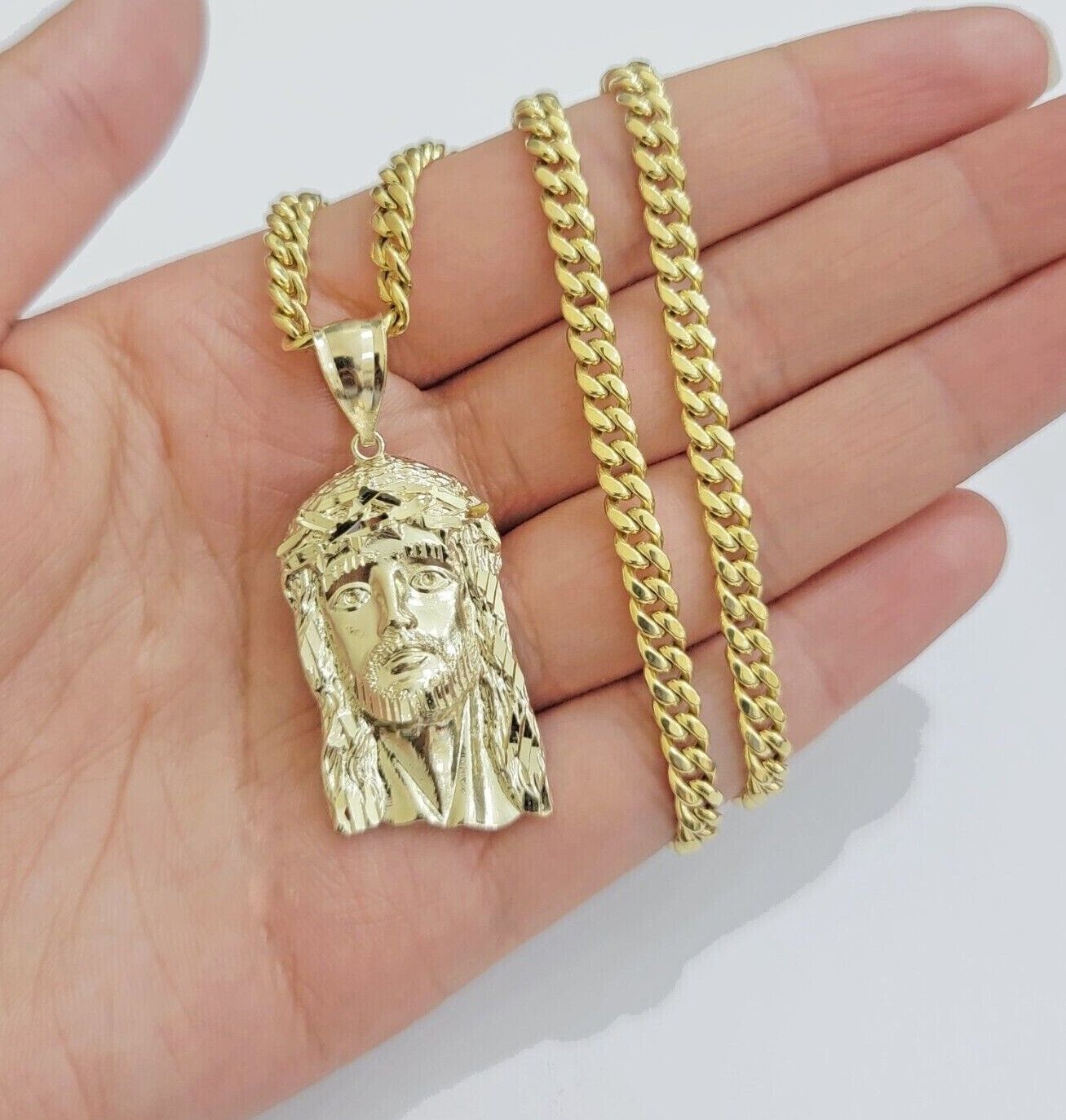 REAL 10k Gold Chain Necklace Charm Pendant SET, 5mm Miami Cuban Link, Jesus Head