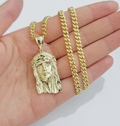 REAL 10k Gold Chain Necklace Charm Pendant SET, 5mm Miami Cuban Link, Jesus Head