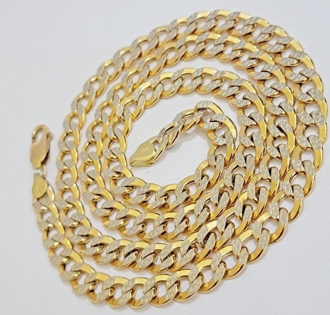 Real 10k Yellow Gold Chain Curb Link Necklace 8mm 18-30 Inch Diamond Cut Twotone