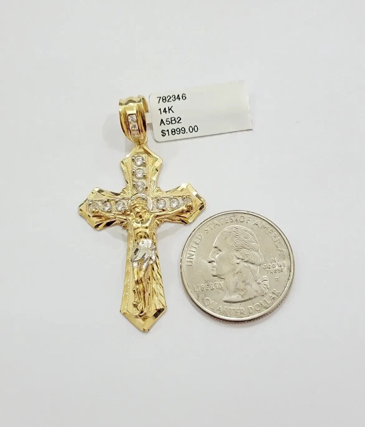 Real 14k Yellow Gold Cross Charm Pendant 14kt Jesus Crucifix With Stone For Mens